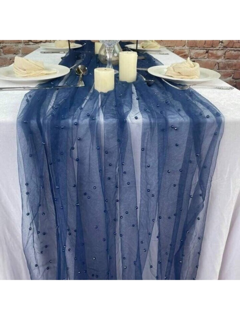 Navy Blue Mesh Chiffon Beaded Table Runner Wedding Party Classic NEW Decor 1 pcs